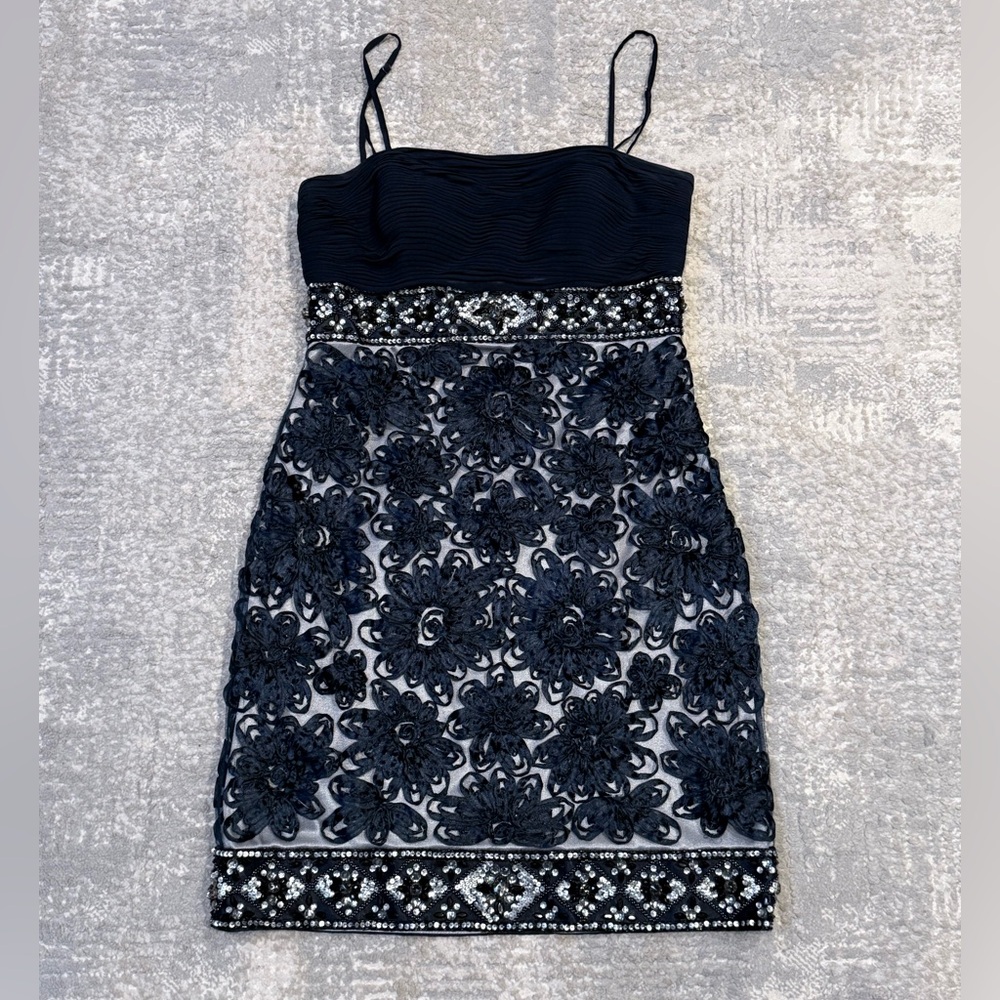 Sue Wong Navy Floral Embellished Mini Dress